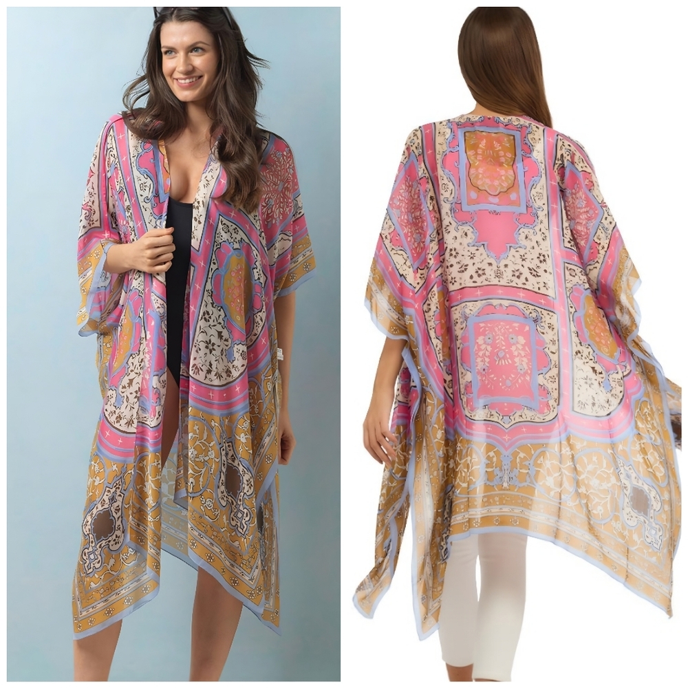 One Hundred Stars Boho Flowy Light Pink Yellow Kimono, OS